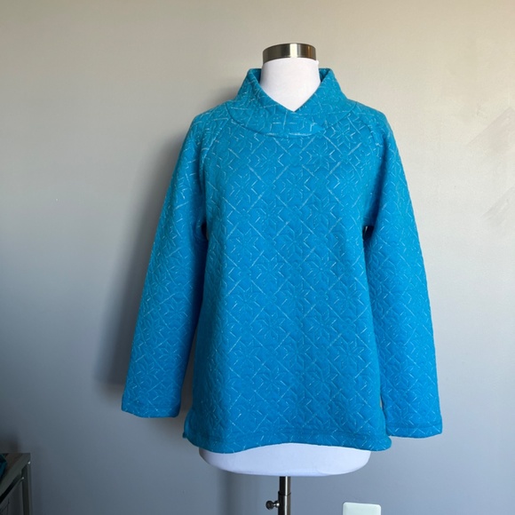 Talboots Snowflake Quilt Wrap Neck Cotton Metallic Thread Turquoise Pullover Top - Picture 4 of 11